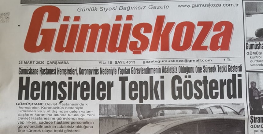 GÜMÜŞKOZA GAZETESİ’NİN HABERİ – 25.03.2020 “Gümüşhane Hastanesi Hemşireleri, Koronavirüs Nedeniyle