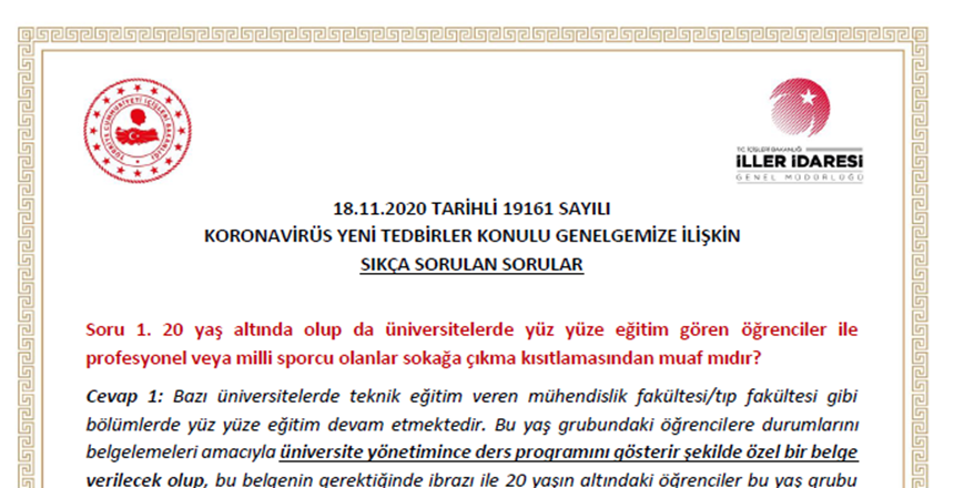 İçişleri Bakanlığı İller İdaresi Genel Müdürlüğü, 18.11.2020 tarihli koronavirüsle ilgili